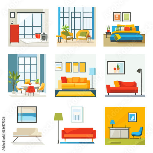 Modern Interior Design Illustration Set, Home Decor, Furniture Arrangement