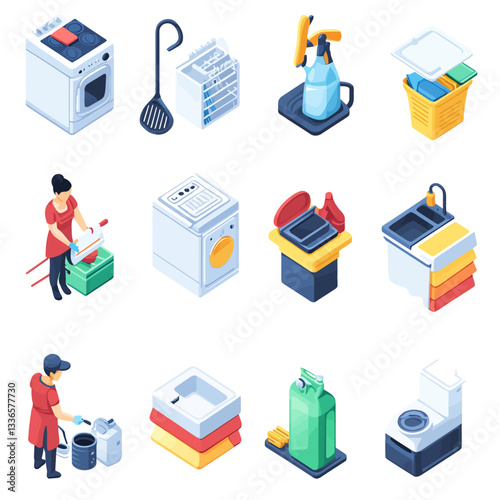 Isometric household cleaning and laundry items illustration