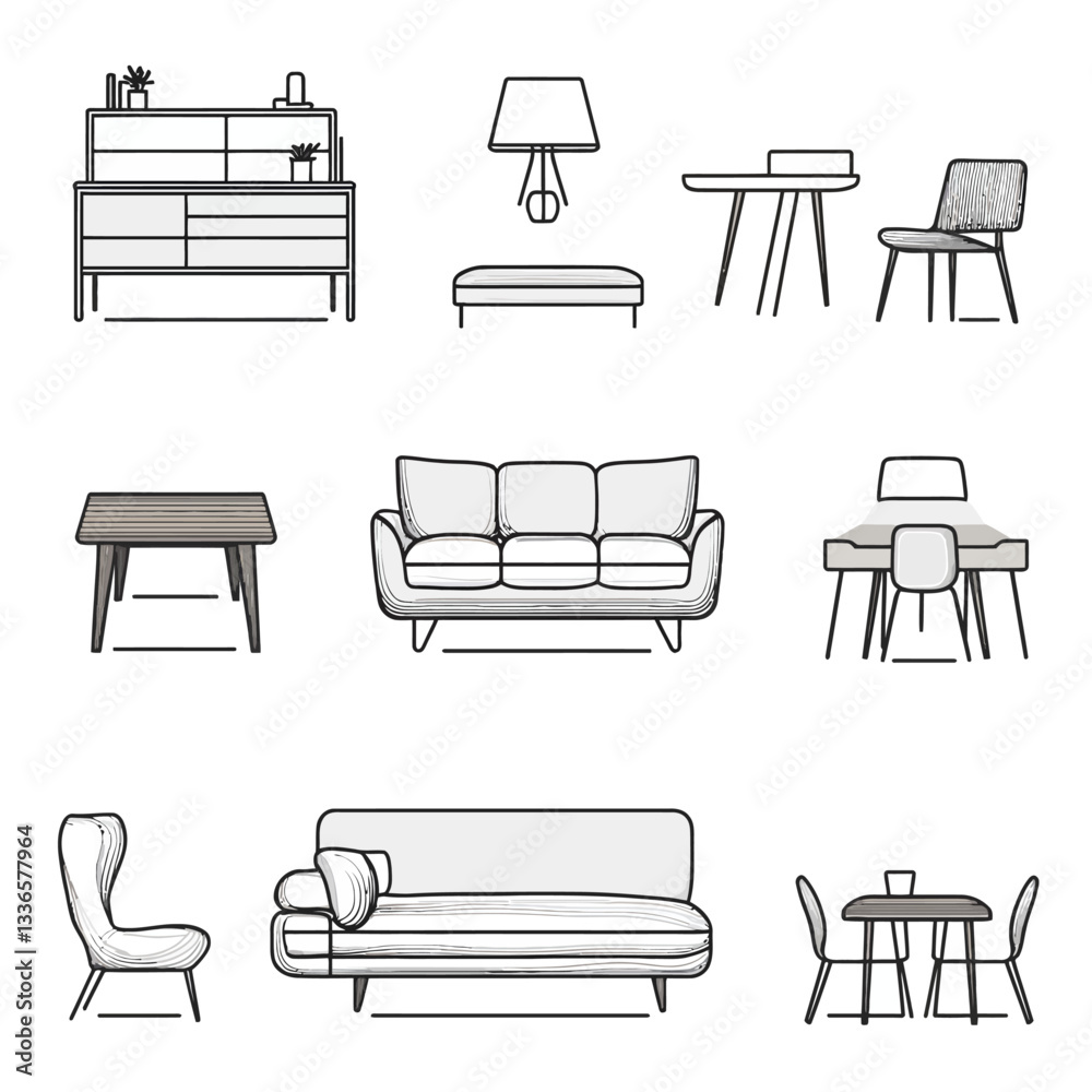 Modern Furniture Icons Set in Minimalist Style, Vector Illustration Modern Furniture Icons Set in Minimalist Style, Vector Illustration