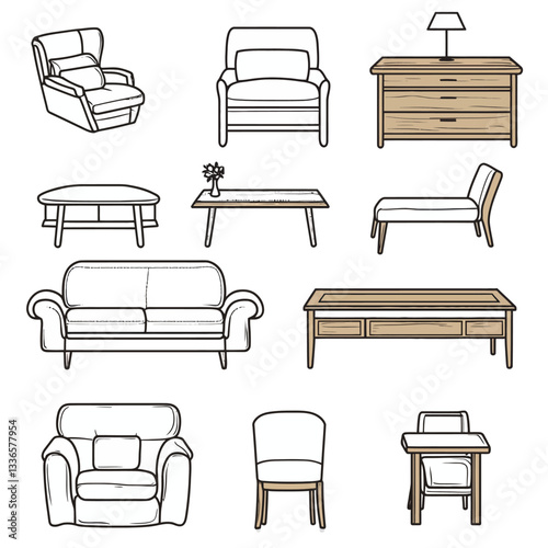 Vector illustration of various furniture pieces on white background.