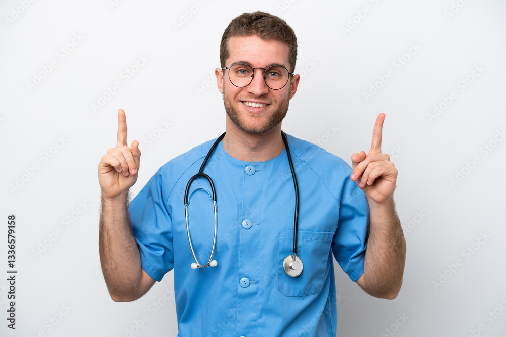Young surgeon doctor caucasian man isolated on white background pointing up a great idea Young surgeon doctor caucasian man isolated on white background pointing up a great idea