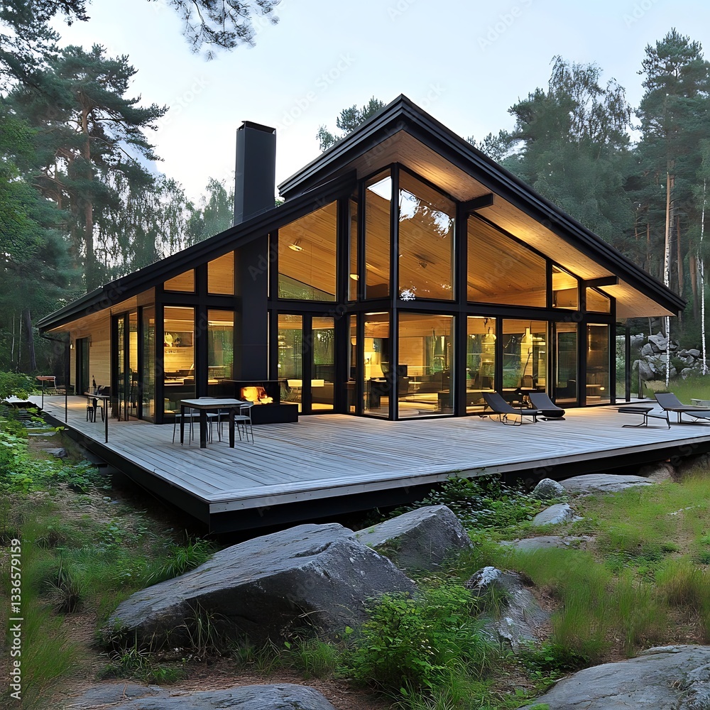Three story house with glass panels and trees high resolution picture