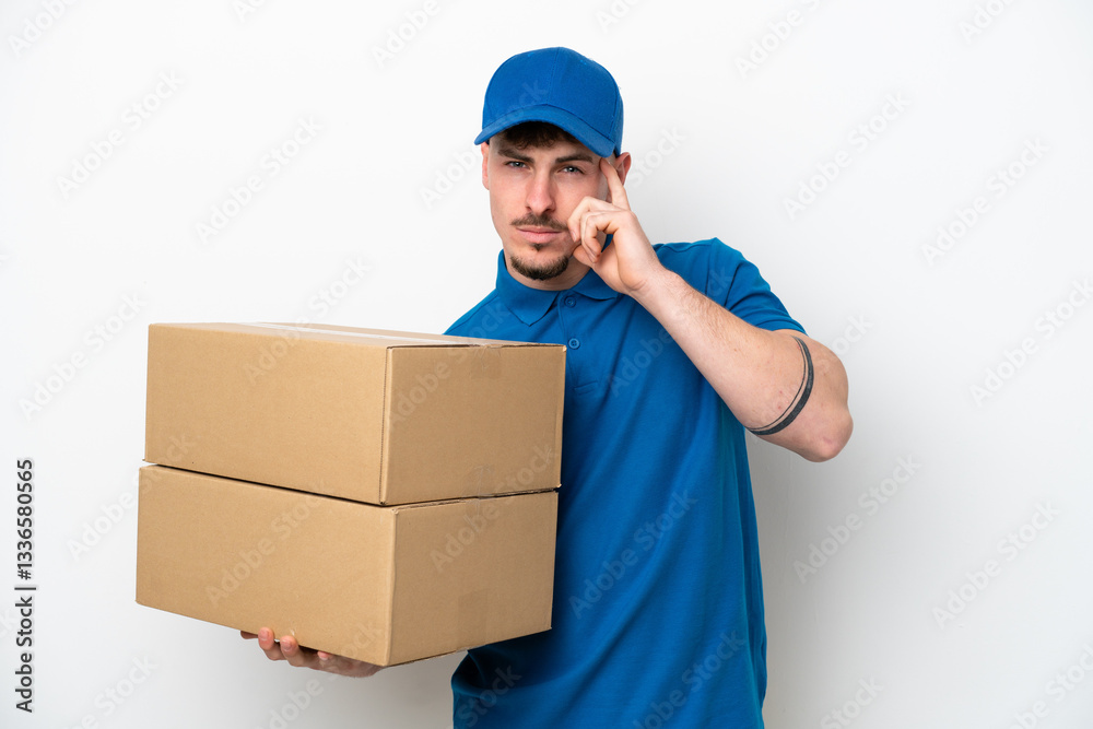 Delivery caucasian man isolated on white background thinking an idea Delivery caucasian man isolated on white background thinking an idea