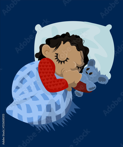 Menina de pijama dormindo com ursinho de pelúcia e cobertinha xadrez