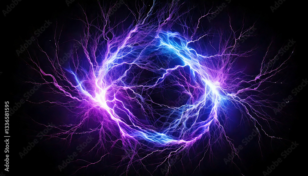 青と紫の電撃が絡み合うエネルギーのリング、暗闇に浮かぶ幻想的な光。generative ai 青と紫の電撃が絡み合うエネルギーのリング、暗闇に浮かぶ幻想的な光。generative ai