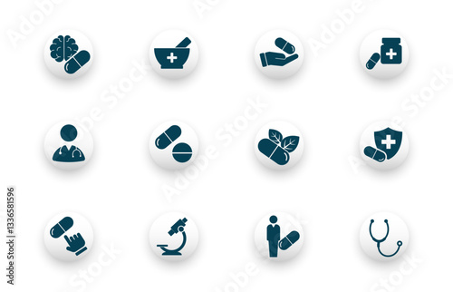 Solid vector icon set with medicine, healthcare, medical, antibiotics icons.