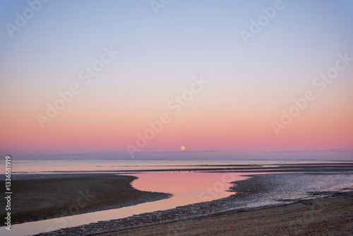 beach at low tide and moonset