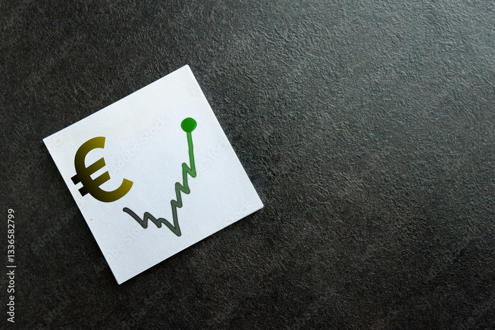 Euro symbol with market growth, written on notepad with black background Euro symbol with market growth, written on notepad with black background