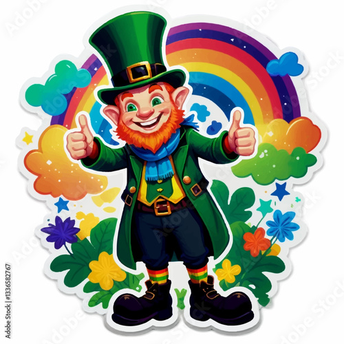 st patricks day leprechaun with colorful rainbow vector illustration