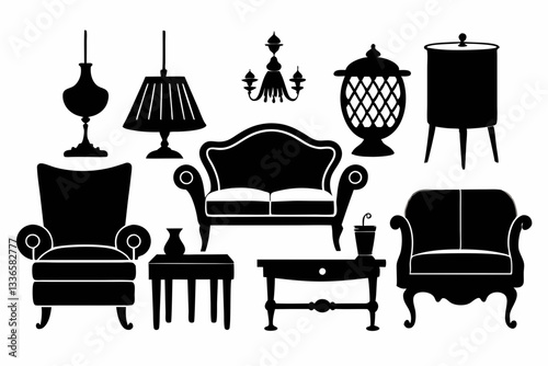 set of furniture line art silhouette vector illustration