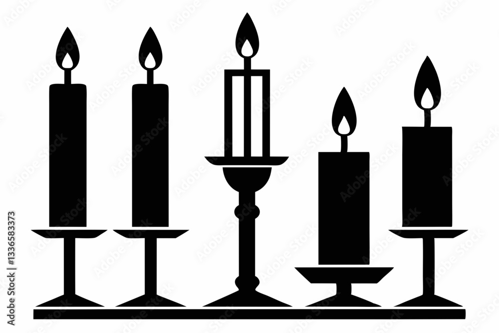 set of candlestick with candles line art silhouette vector illustration set of candlestick with candles line art silhouette vector illustration