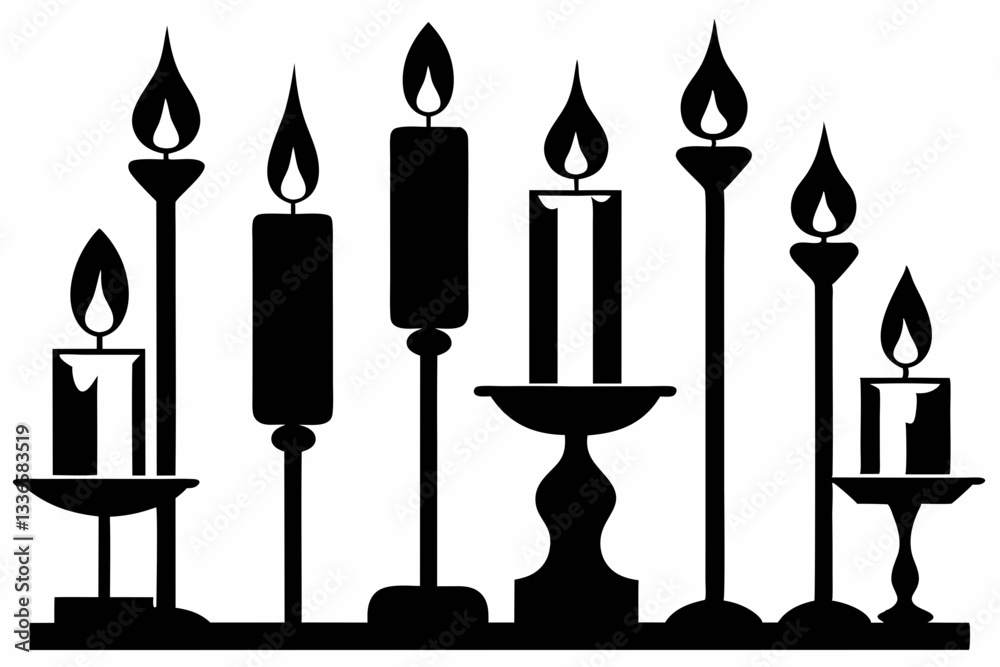 set of candlestick with candles line art silhouette vector illustration set of candlestick with candles line art silhouette vector illustration