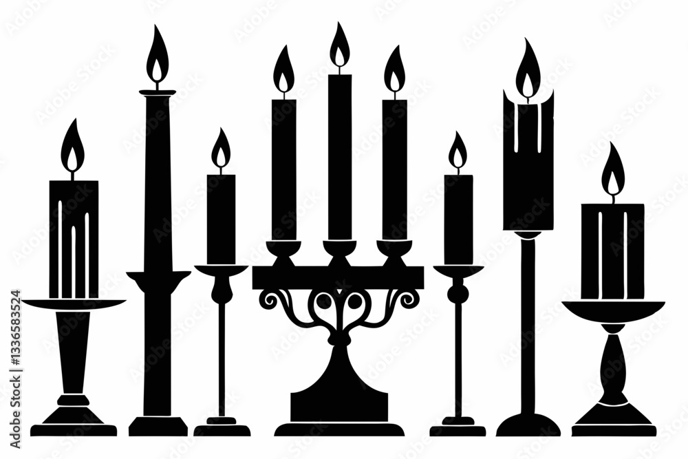 set of candlestick with candles line art silhouette vector illustration set of candlestick with candles line art silhouette vector illustration