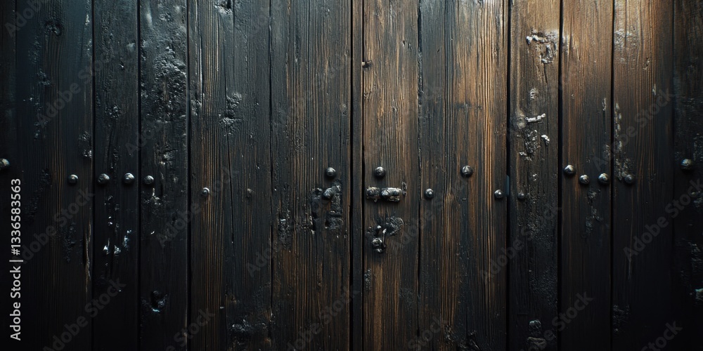 Fototapeta premium Textured Timber: Close-up of a rustic wooden door with rich dark hues and intricate details. Showing the natural grain and texture.