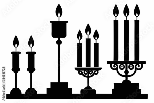 set of candlestick with candles line art silhouette vector illustration