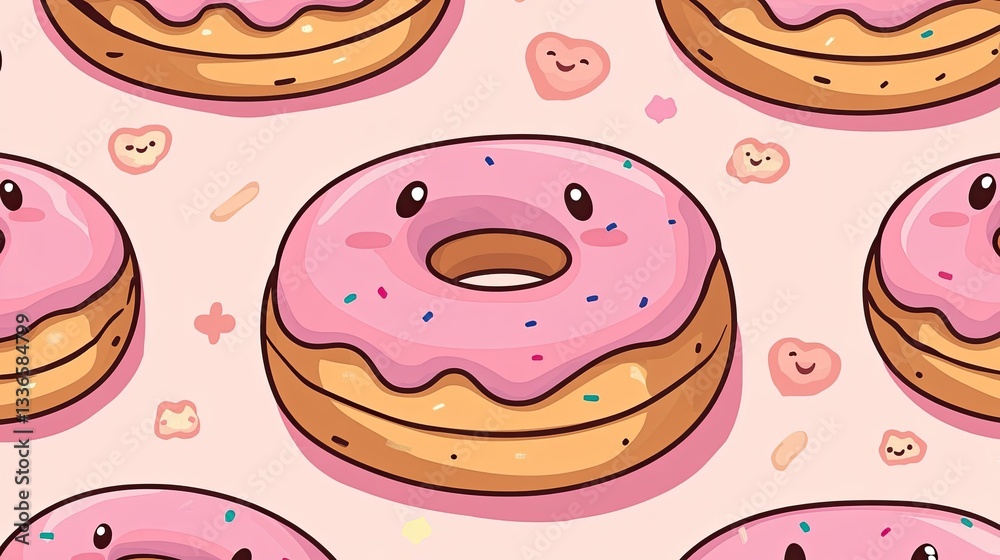 A seamless vector pattern featuring kawaii-style pink donuts with smiling faces on a pastel background, great for kids' decor. A seamless vector pattern featuring kawaii-style pink donuts with smiling faces on a pastel background, great for kids' decor.
