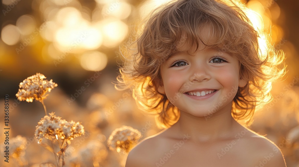 Fototapeta premium Golden Hour Child Portrait: A Captivating Sunset Smile