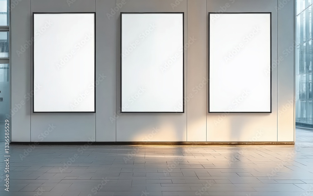 Three blank vertical white mockup posters hanging in modern building with sunlight passing through windows Three blank vertical white mockup posters hanging in modern building with sunlight passing through windows