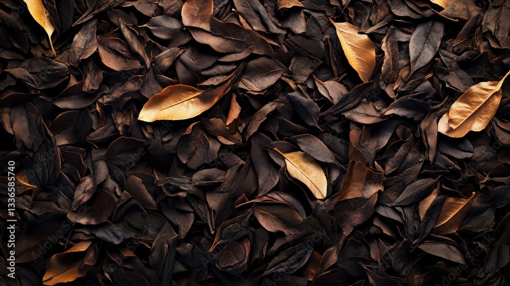 Dark Autumn Leaves Background with Some Golden Leaves on the Ground Dark Autumn Leaves Background with Some Golden Leaves on the Ground
