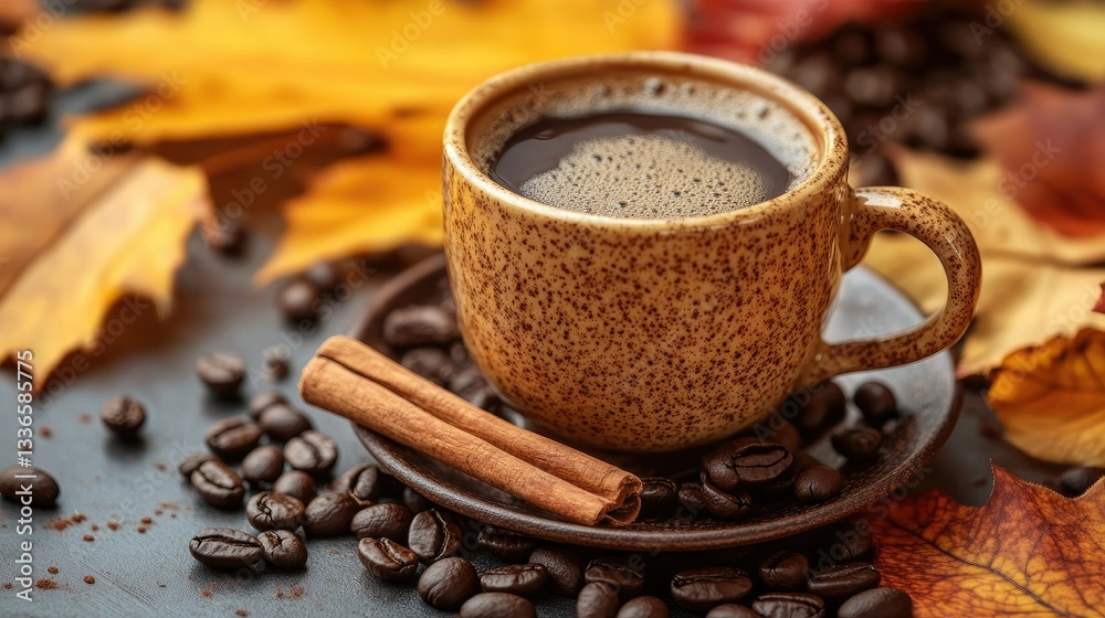 A warm autumn setting with a cup of coffee, cinnamon, and coffee beans. A warm autumn setting with a cup of coffee, cinnamon, and coffee beans.