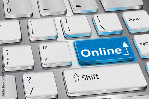Keyboard button with the inscription "online", blue key. Vector graphics.