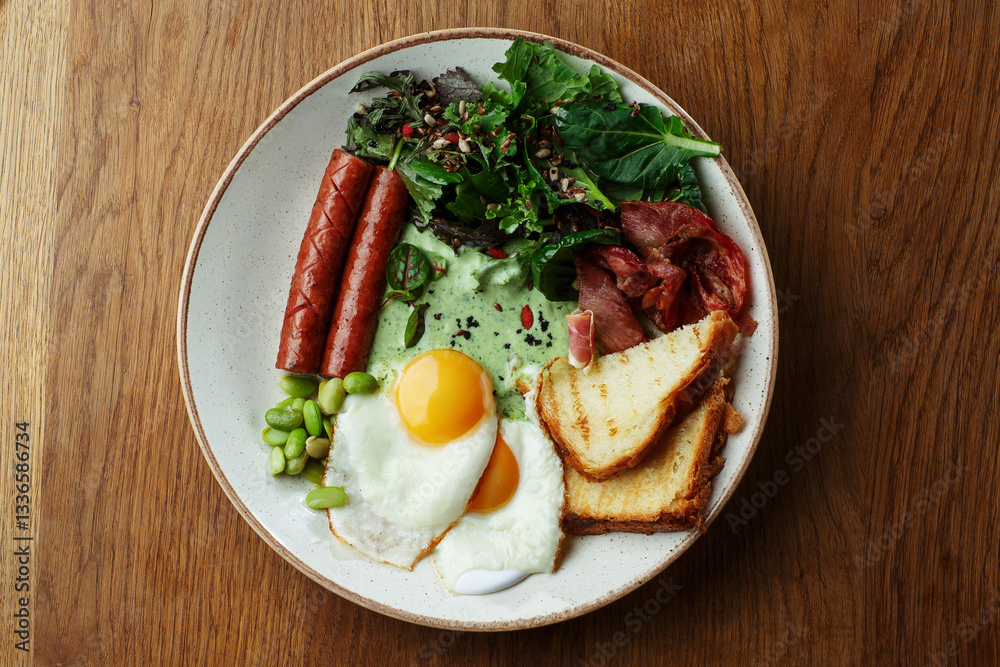 Delicious full breakfast plate with fried eggs, grilled sausages, crispy bacon, toasted bread, fresh green salad, and creamy herb sauce. Healthy and nutritious morning meal on a wooden table