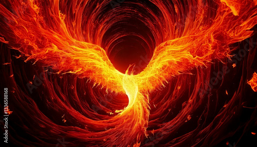 鳳凰が燃え上がる炎の中から飛翔するダイナミックな構図。generative ai