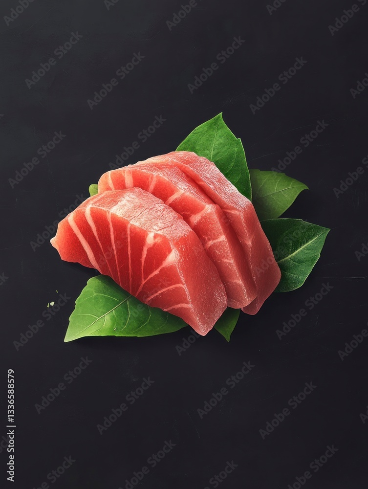 Fresh Tuna Slices on Green Leaves Against Dark Background Close Up Fresh Tuna Slices on Green Leaves Against Dark Background Close Up