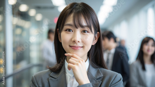 A woman in a pose with her finger on her chin, having come up with something on a train station platform in the city, AI generated