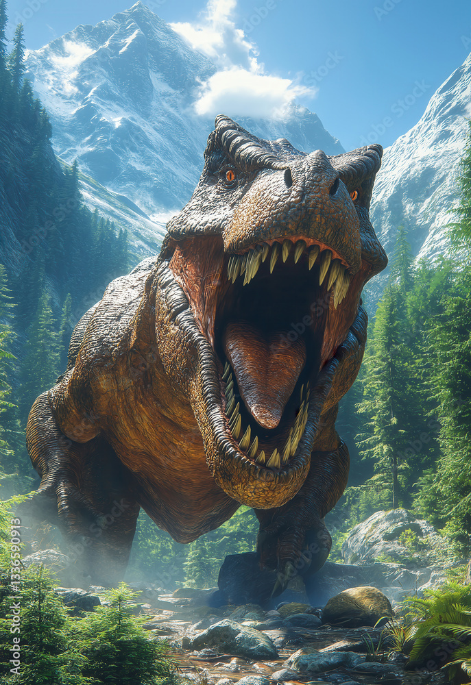 Obraz premium Cartoon dinosaur on blurred forest background.