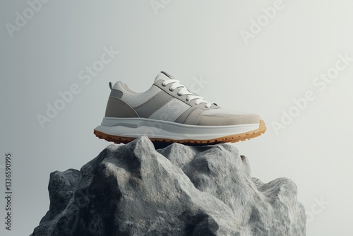 Modern sneakers for travelling and walking. Casual shoe on podium like rocky mountain peak. Shoes on stone 