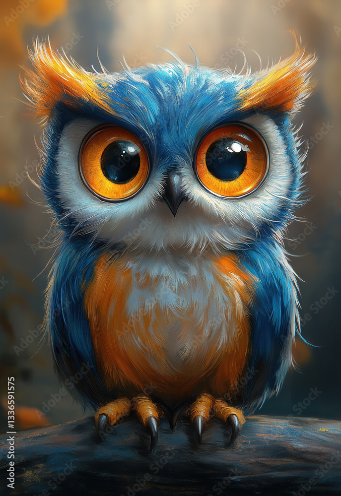 Fototapeta premium Cartoon owl with big eyes on blurred background.