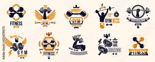 Fitness sport emblems logos or posters with barbells dumbbells kettlebells and muscle man silhouettes vector set, athletic workout active lifestyle theme, sport club or competition awards.