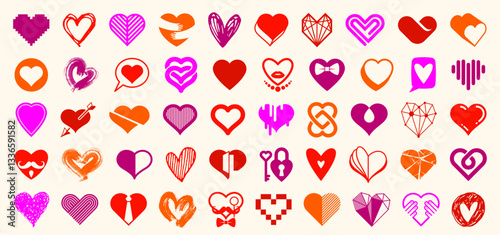 Hearts big vector set of different shapes and concepts logos or icons, love and care, health and cardiology, geometric and low poly, collection of heart shapes symbols.