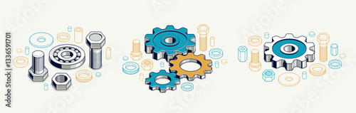 Invention renovation and development concept set, gears and cogs composition isometric 3D vector illustration, technology theme, machinery and engine creation.