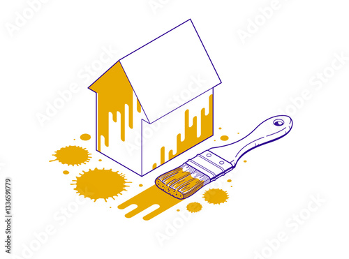 Painting house service exterior walls vector 3D isometric illustration, professional worker facade paint renovation, residential small family house or cottage, outside painting building.