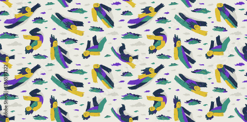Levitating people seamless background, concept of freedom and imagination, peaceful and tranquil theme tiling wallpaper, dreamers floating among the clouds.