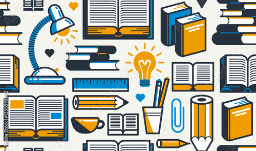 Books and reading seamless background, literature and library vector endless repeat wallpaper, education and documentary read.