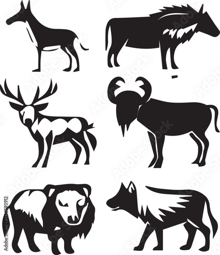 Wildlife animals vector set in natural habitat lion, tiger, elephant, zebra, giraffe, deer, bear, wolf, fox, monkey, leopard, eagle, owl, rhino, nature, safari, jungle, forest, exotic vector design 