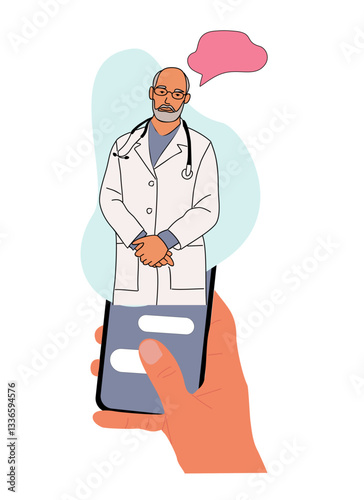 Hand holding smartphone with internet chat with male doctor, therapist, cardiologist, physician on screen. Online medical advise or consultation service, tele medicine. Vector illustration isolated