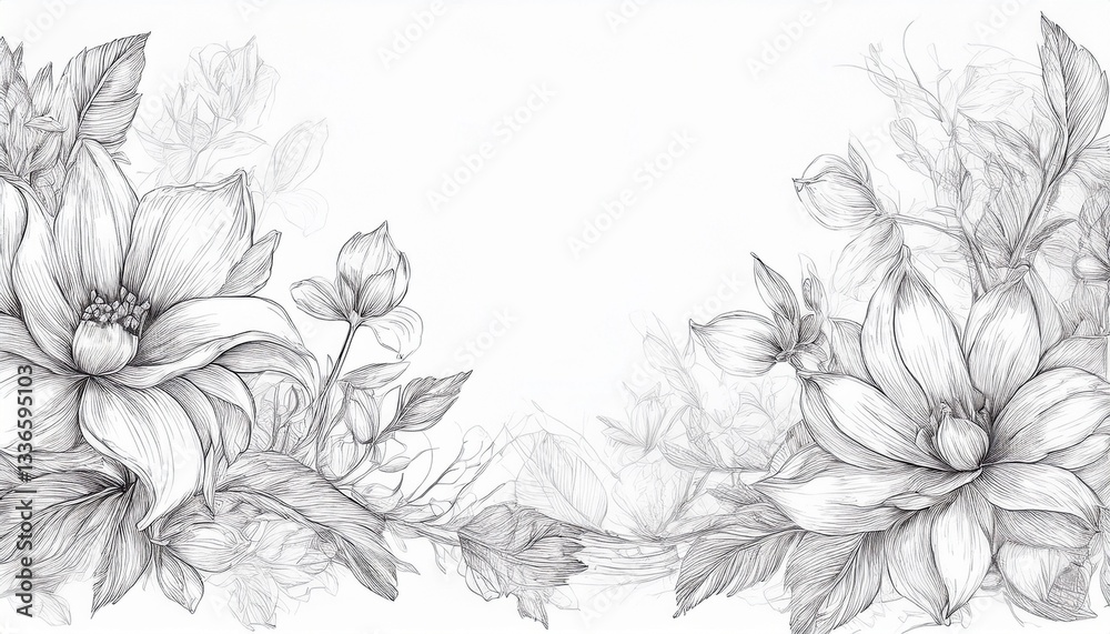 Fototapeta premium Elegant pencil sketch floral border with soft, subtle lines. Delicate flowers and leaves intertwine gracefully on a pure white background.