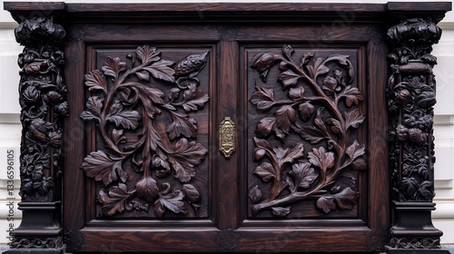 Intricate carved dark wood cabinet doors with floral patterns.