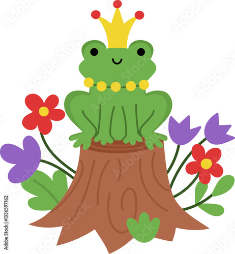 Vector frog prince or princess icon. Magic creature clipart. Cute fairytale character. Woodland fantasy animal with crown on head sitting on stump. Forest fairy tale illustration isolated on white