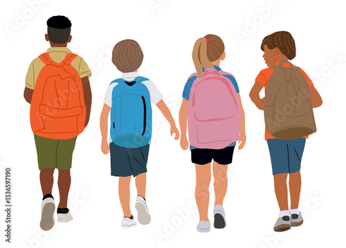 Set of school children, boys, girl going to elementary, primary school vector illustration  isolated on white background. Happy pupils walking with backpacks rear view. Back to school concept.
