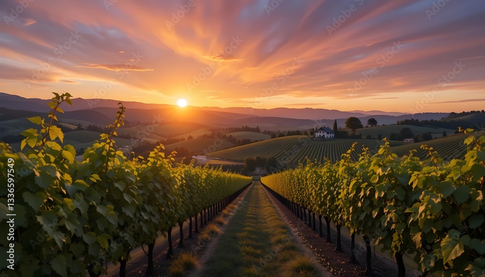 Fototapeta premium Vineyard Sunset with Rolling Hills and Golden Light