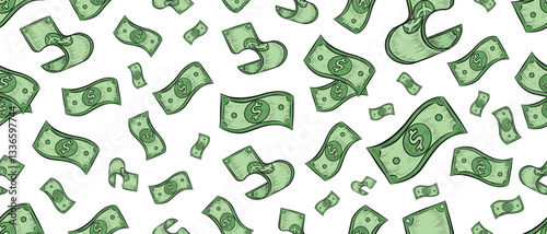 Vector Vintage Hand Drawn Dollars Seamless Pattern USA Dollar Texture. Can be used as wallpaper, wrapping paper, banner or card template, background or else. Economy Concept Repeatable Pattern Design.