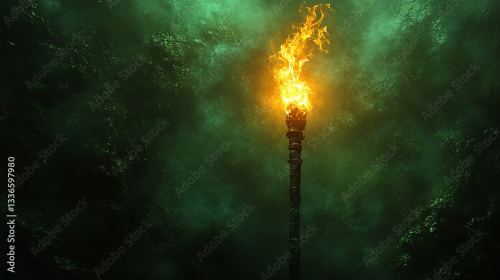 Fototapeta premium Glowing torch burning brightly in a dark, smoky cave.
