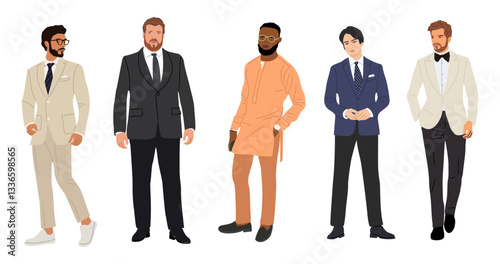 Set of  elegant businessmen wearing formal outfit - suit or tuxedo. Collection of handsome male characters different races, body types. Vector flat realistic illustration isolated on white background