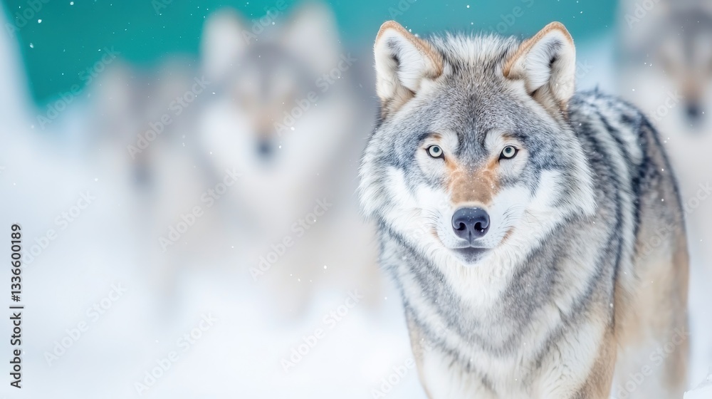 Fototapeta premium Majestic Wolf Standing Strong in a Snowy Landscape with Others Nearby