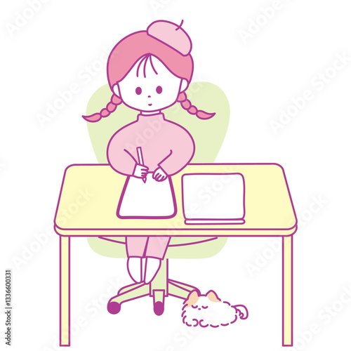 デスクでタブレットを使用してイラストを描くイラストレーター　足元にはペットのポメラニアン